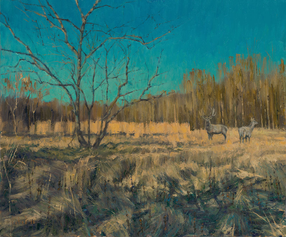 Deer In The Quiet Field, Oil on Canvas, 24 x 20 in, by Slava Batov